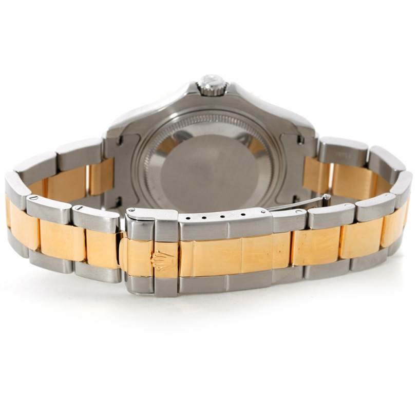 The image shows the back view of a Rolex Yacht-Master 68623 Men's Stainless Steel Grey Dial 68623 Men's Stainless Steel Grey Dial watch highlighting its two-tone bracelet and clasp.