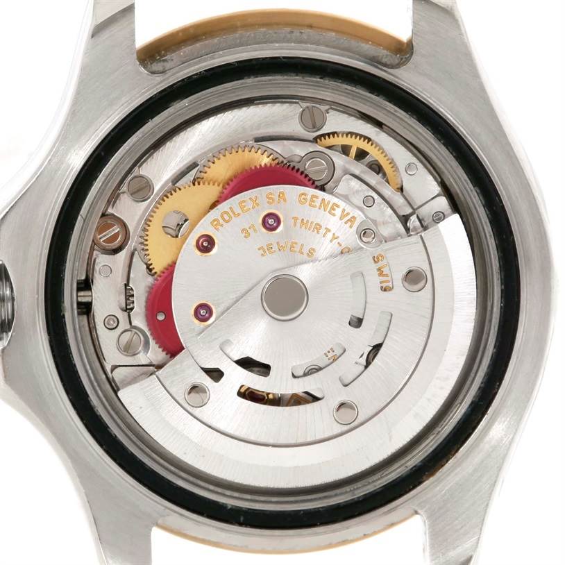 This image shows the back view of the Rolex Yacht-Master 169623 Women's Stainless Steel Mother of Pearl Dial 169623 Women's Stainless Steel Mother of Pearl Dial watch, highlighting its internal gears and mechanisms.