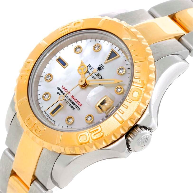 The image shows a close-up of the Rolex Yacht-Master 169623 Women's Stainless Steel Mother of Pearl Dial 169623 Women's Stainless Steel Mother of Pearl Dial watch, highlighting the dial, bezel, crown, and part of the bracelet.