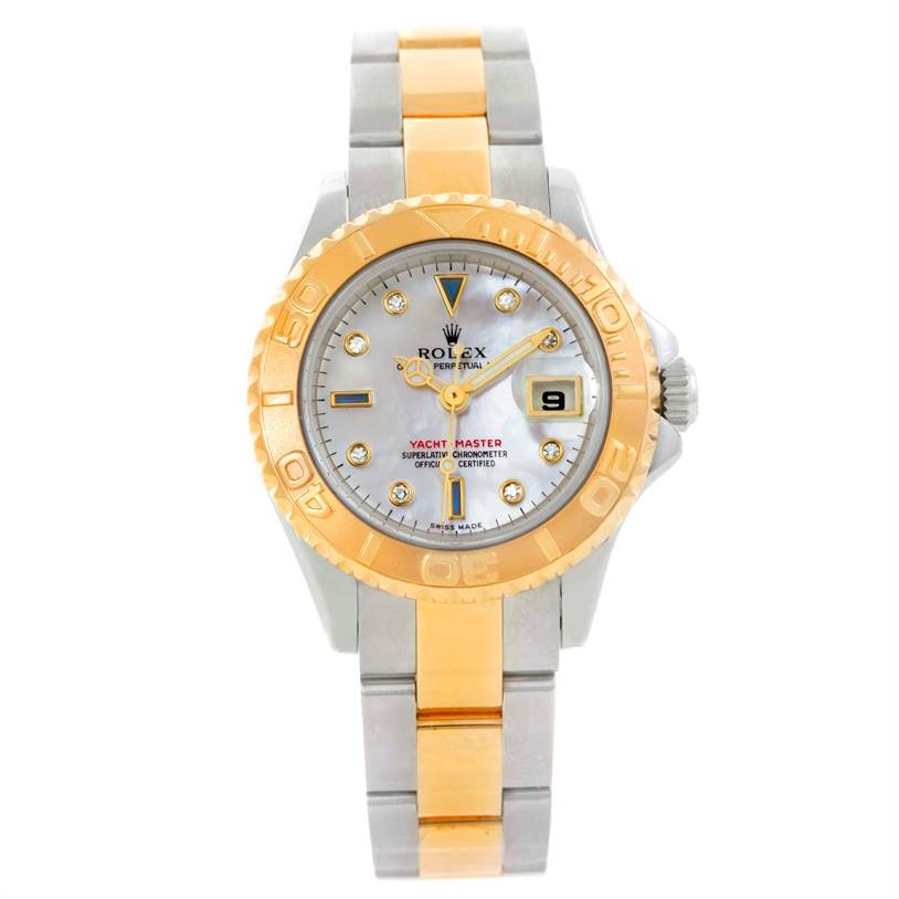 The Rolex Yacht-Master 169623 Women's Stainless Steel Mother of Pearl Dial 169623 Women's Stainless Steel Mother of Pearl Dial is shown from the front, displaying the dial, bezel, and part of the bracelet.
