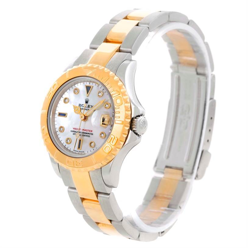 The Rolex Yacht-Master 169623 Women's Stainless Steel Mother of Pearl Dial 169623 Women's Stainless Steel Mother of Pearl Dial watch is displayed at a side angle, showcasing its two-tone metal bracelet and detailed dial.