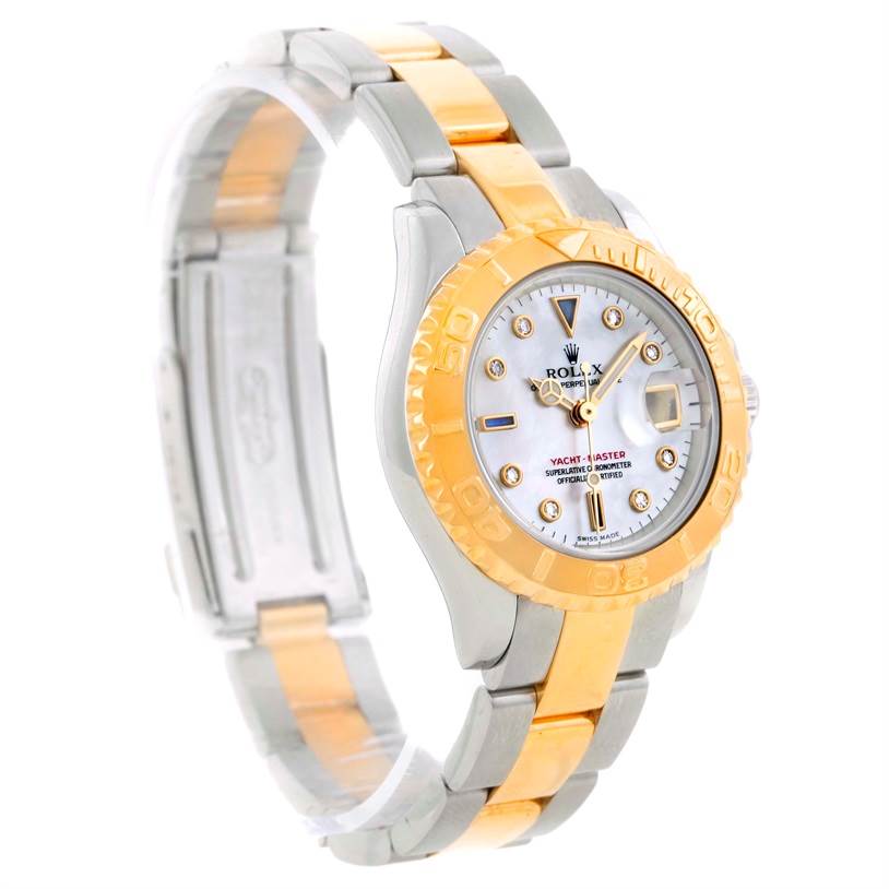 This image shows the Rolex Yacht-Master 169623 Women's Stainless Steel Mother of Pearl Dial 169623 Women's Stainless Steel Mother of Pearl Dial watch at a slight angle, emphasizing its face, bezel, and bracelet.