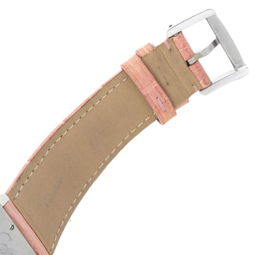 The image shows the side angle of the leather strap and buckle of a Cartier Tank Divan W6301455 Women's Stainless Steel Mother of Pearl Dial W6301455 Women's Stainless Steel Mother of Pearl Dial watch.