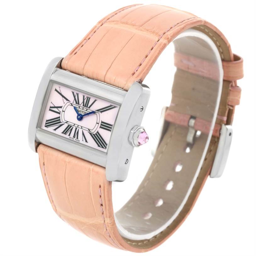 The image shows a Cartier Tank Divan W6301455 Women's Stainless Steel Mother of Pearl Dial W6301455 Women's Stainless Steel Mother of Pearl Dial watch viewed from an angle highlighting the face, crown, and leather strap.