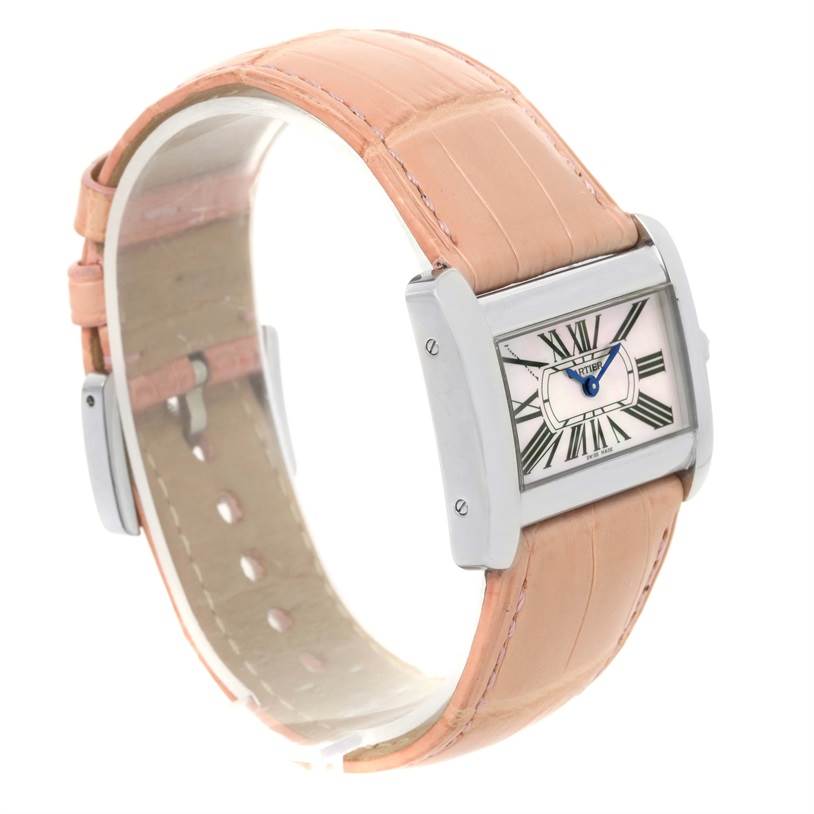 The image shows a Cartier Tank Divan W6301455 Women's Stainless Steel Mother of Pearl Dial W6301455 Women's Stainless Steel Mother of Pearl Dial watch angled to the side, displaying its face, beige strap, and buckle.