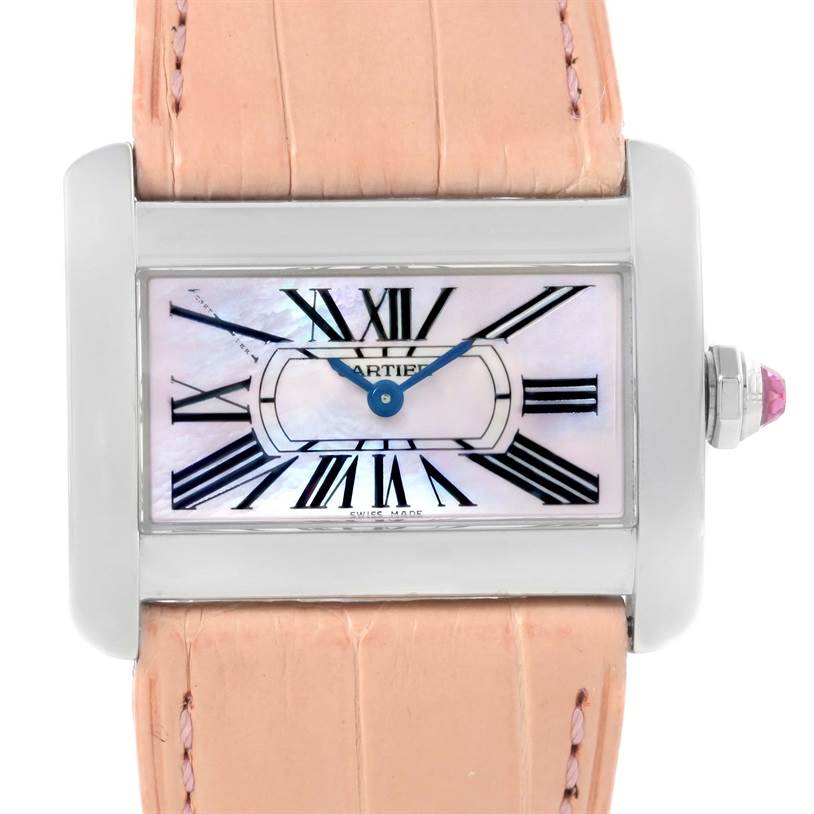 The image shows a frontal view of a Cartier Tank Divan W6301455 Women's Stainless Steel Mother of Pearl Dial W6301455 Women's Stainless Steel Mother of Pearl Dial watch, highlighting its rectangular face, Roman numerals, and pink strap.