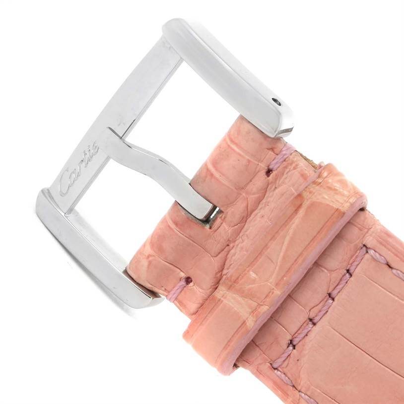 This image shows the buckle and strap of a Cartier Tank Divan W6301455 Women's Stainless Steel Mother of Pearl Dial W6301455 Women's Stainless Steel Mother of Pearl Dial watch, viewed from a top angle.