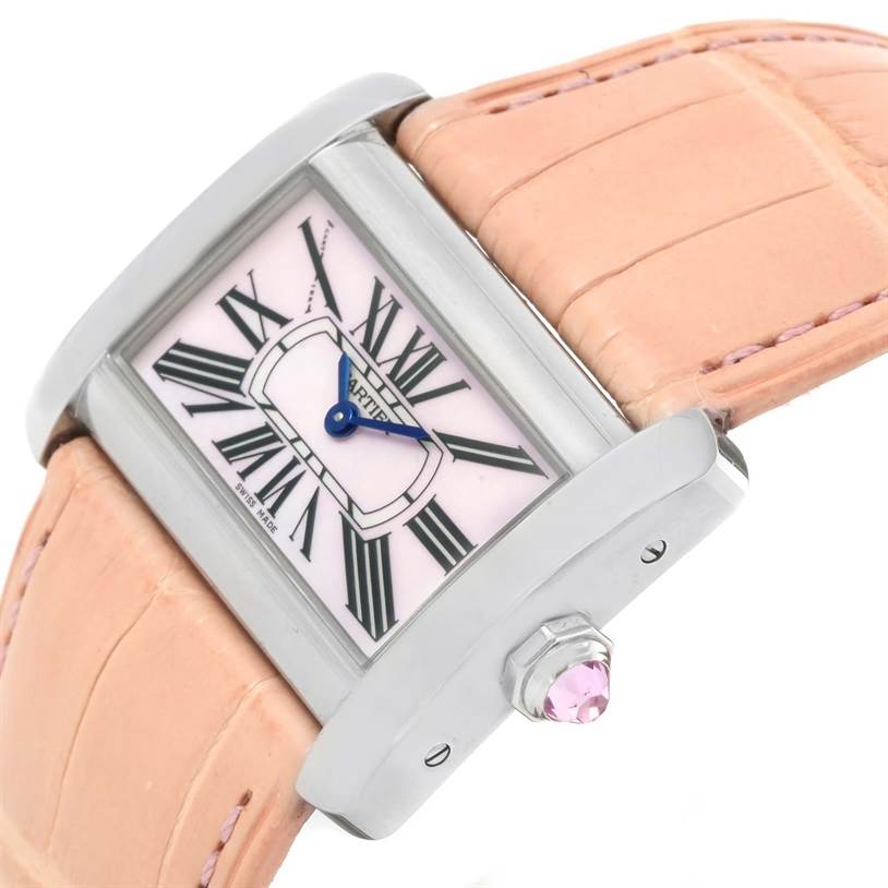 This image shows a close-up, angled view of a Cartier Tank Divan W6301455 Women's Stainless Steel Mother of Pearl Dial W6301455 Women's Stainless Steel Mother of Pearl Dial watch highlighting its face, pink strap, and crown with a pink gemstone.