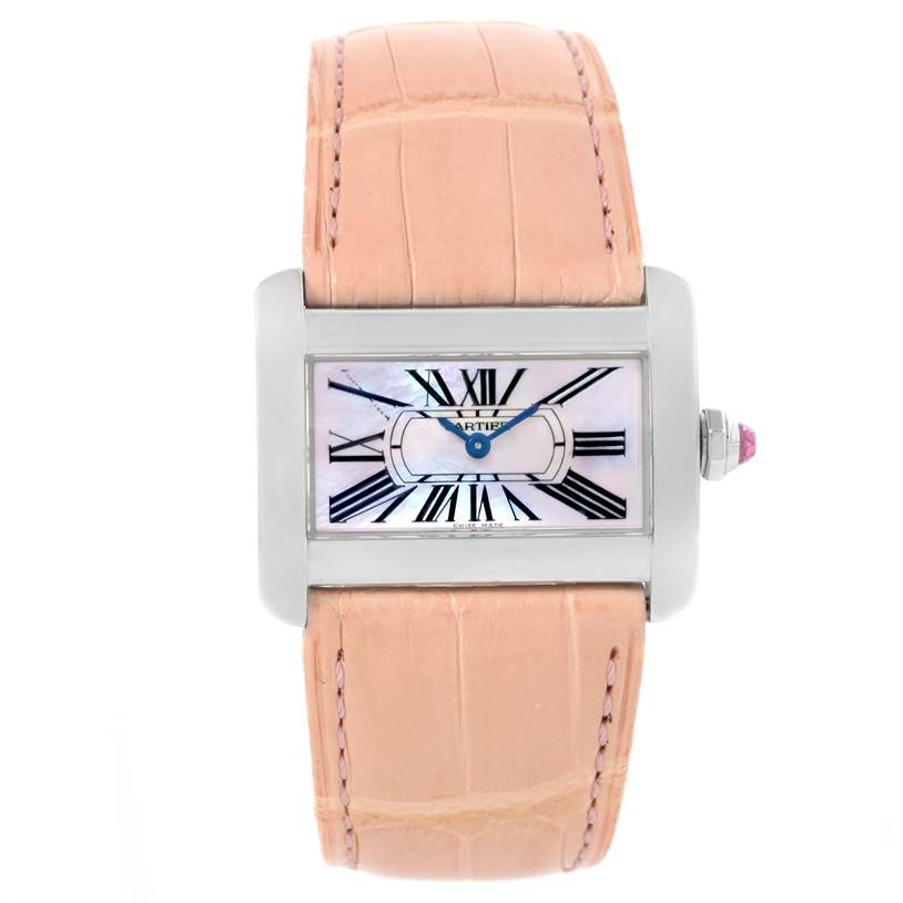 The Cartier Tank Divan W6301455 Women's Stainless Steel Mother of Pearl Dial W6301455 Women's Stainless Steel Mother of Pearl Dial watch is shown from the front, displaying its pink leather strap and rectangular face with Roman numeral markers.