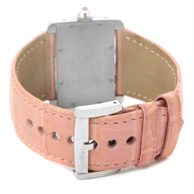 The image shows the back view of a Cartier Tank Divan W6301455 Women's Stainless Steel Mother of Pearl Dial W6301455 Women's Stainless Steel Mother of Pearl Dial watch, highlighting the pink leather strap and buckle.