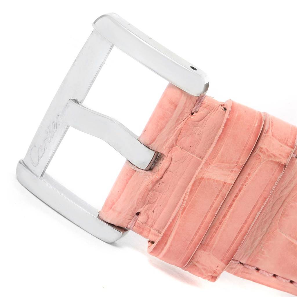 The image shows a close-up of the buckle and pink leather strap of the Cartier Tank Divan W6301455 Women's Stainless Steel Mother of Pearl Dial W6301455 Women's Stainless Steel Mother of Pearl Dial watch.