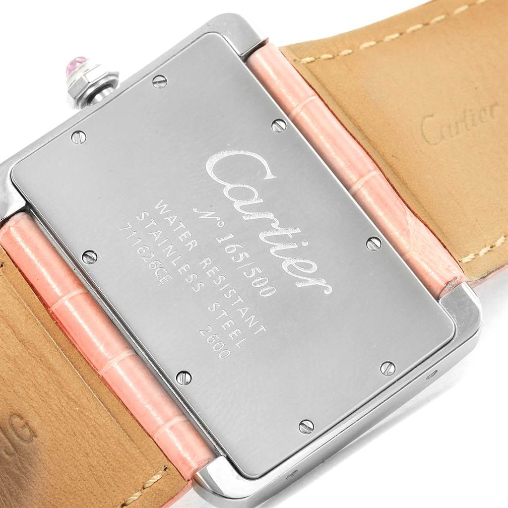 The image shows the back of a Cartier Tank Divan W6301455 Women's Stainless Steel Mother of Pearl Dial W6301455 Women's Stainless Steel Mother of Pearl Dial watch, focusing on the case back and strap attachment points.