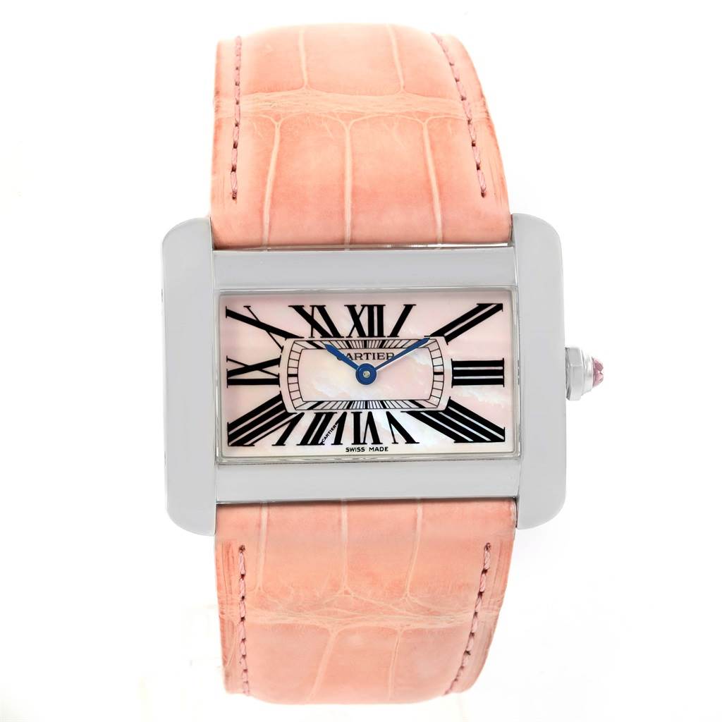The image shows a frontal view of a Cartier Tank Divan W6301455 Women's Stainless Steel Mother of Pearl Dial W6301455 Women's Stainless Steel Mother of Pearl Dial watch with a rectangular face and a pink leather strap.