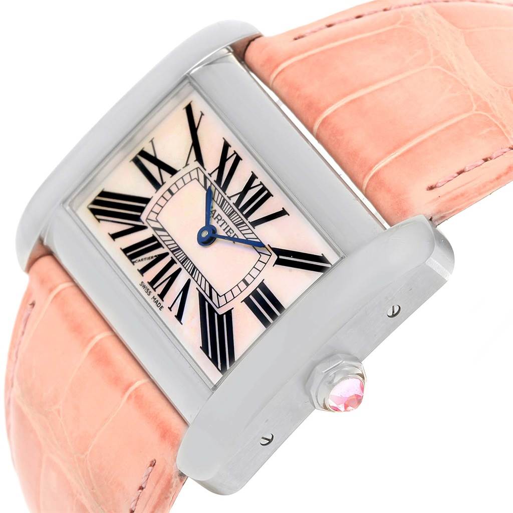 The image shows a Cartier Tank Divan W6301455 Women's Stainless Steel Mother of Pearl Dial W6301455 Women's Stainless Steel Mother of Pearl Dial watch from an upward angle, highlighting its dial, bezel, and pink leather strap.
