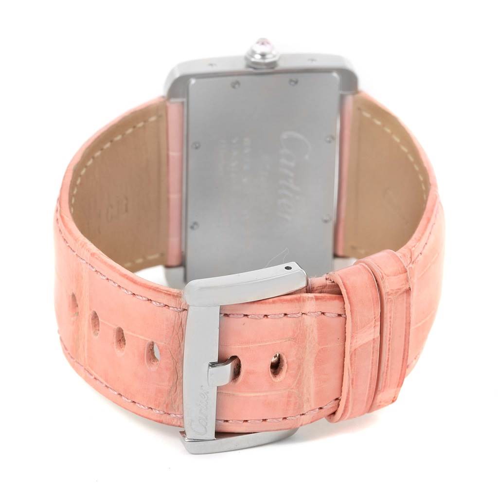 The image shows the back view of a Cartier Tank Divan W6301455 Women's Stainless Steel Mother of Pearl Dial W6301455 Women's Stainless Steel Mother of Pearl Dial watch, highlighting its pink leather strap and buckle.