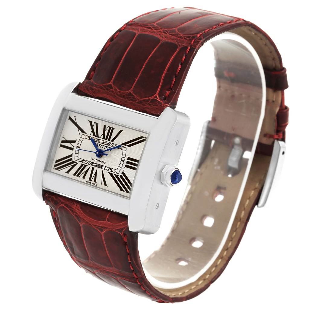 The Cartier Tank Divan W6300755 Women's Stainless Steel Silver Dial W6300755 Women's Stainless Steel Silver Dial watch is shown at a three-quarter angle, highlighting its face, case, crown, and leather strap.