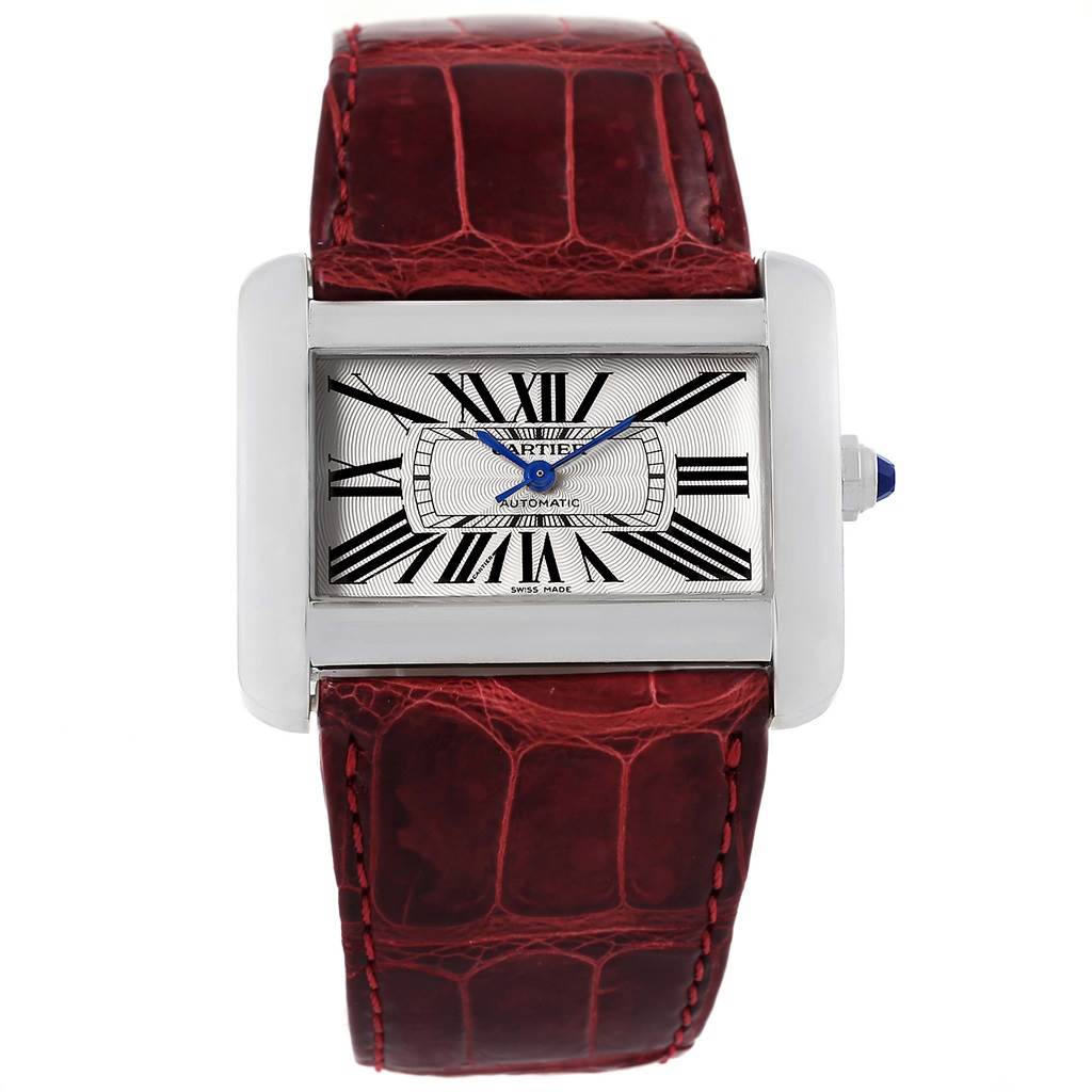 This image shows a front view of the Cartier Tank Divan W6300755 Women's Stainless Steel Silver Dial W6300755 Women's Stainless Steel Silver Dial watch with a red leather strap and rectangular silver case.