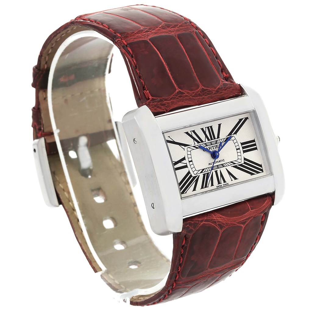The image shows a Cartier Tank Divan W6300755 Women's Stainless Steel Silver Dial W6300755 Women's Stainless Steel Silver Dial watch at a slight angle, highlighting its rectangular face, Roman numeral markers, and red leather strap.