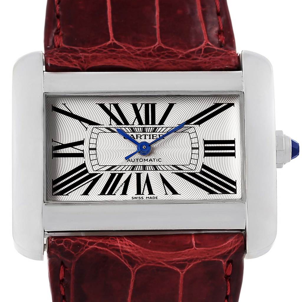 The image shows a front view of the Cartier Tank Divan W6300755 Women's Stainless Steel Silver Dial W6300755 Women's Stainless Steel Silver Dial watch, featuring its face, bezel, and part of the leather strap.