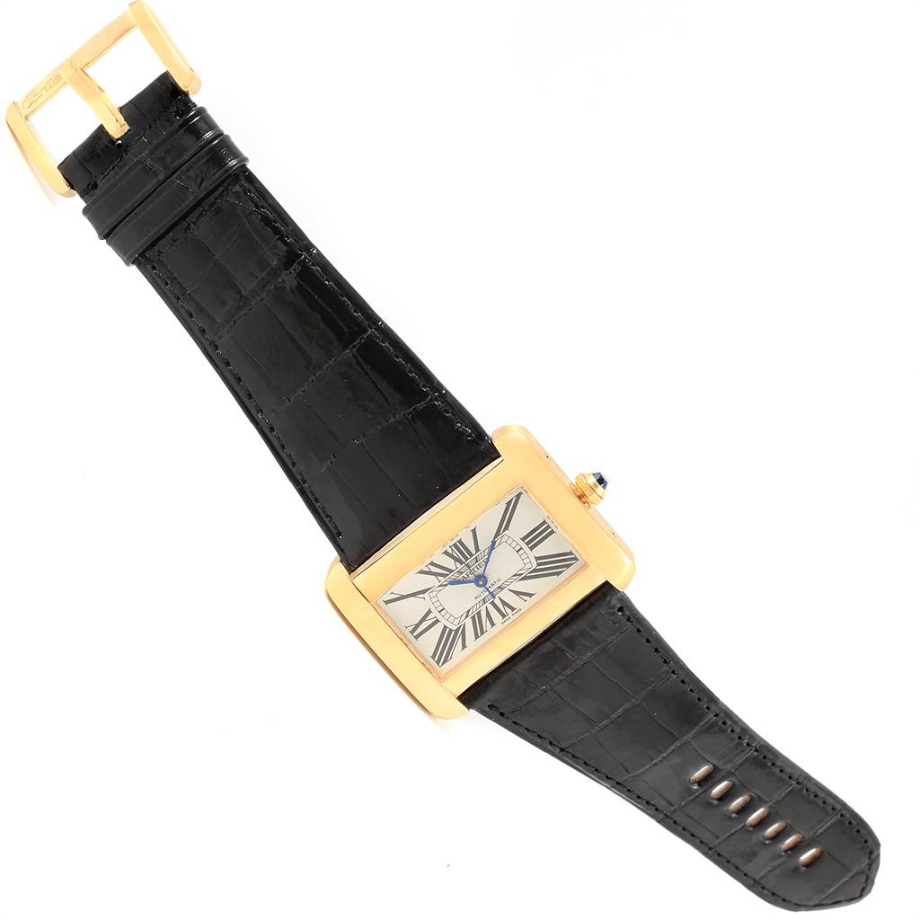 The image shows a Cartier Tank Divan W6300856 Women's Yellow Gold Silver Dial W6300856 Women's Yellow Gold Silver Dial watch, with a full view of the case, dial, and black leather strap.
