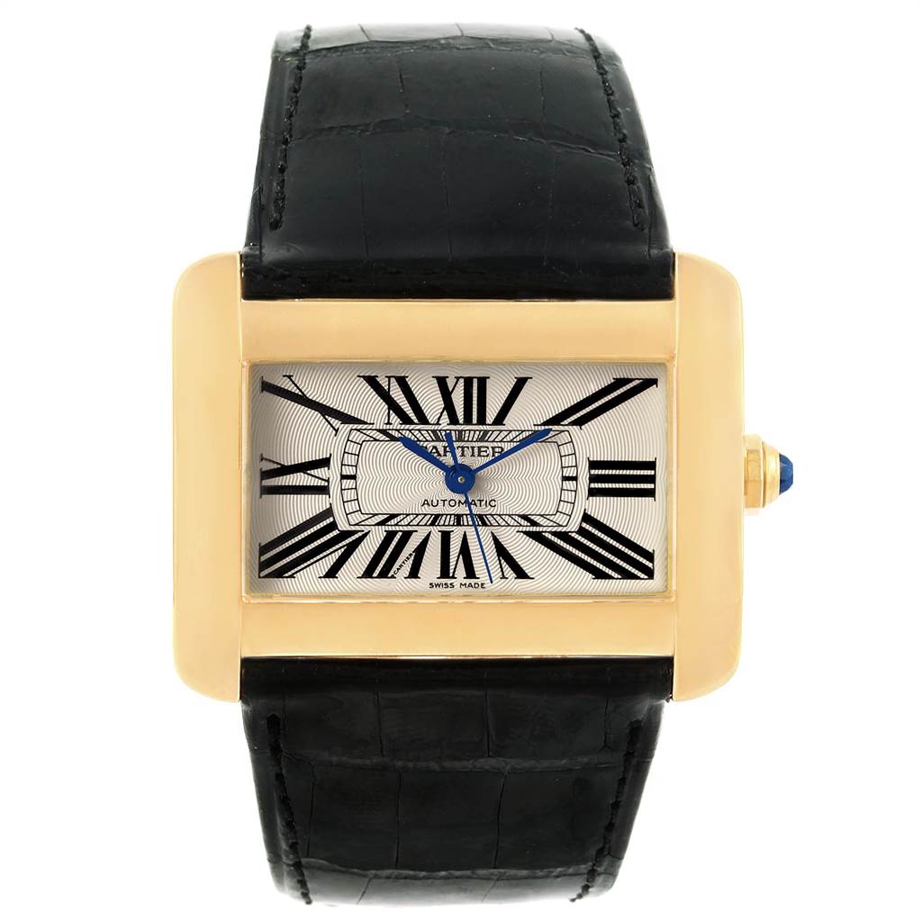 The image shows a Cartier Tank Divan W6300856 Women's Yellow Gold Silver Dial W6300856 Women's Yellow Gold Silver Dial watch from a front angle, highlighting the face, bezel, crown, and leather strap.