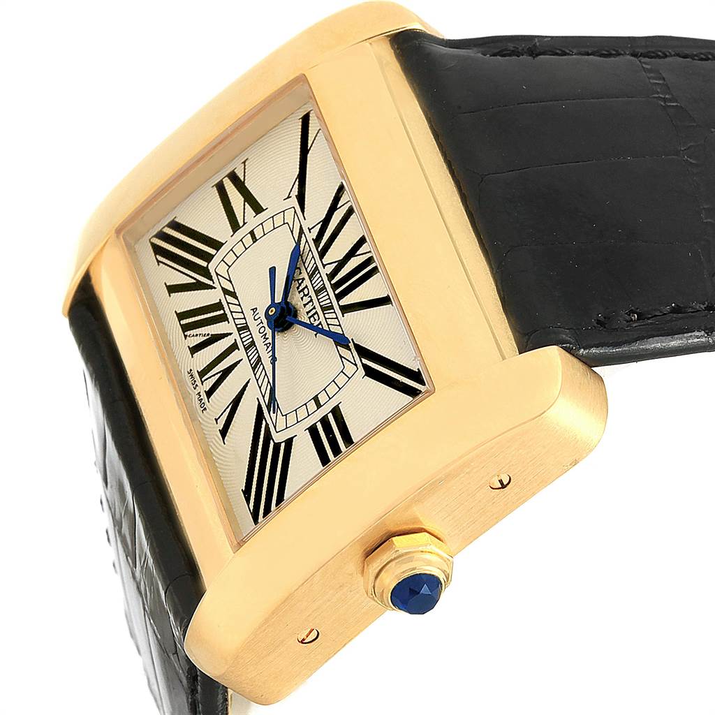 The image shows a Cartier Tank Divan W6300856 Women's Yellow Gold Silver Dial W6300856 Women's Yellow Gold Silver Dial watch at an angle displaying the face, crown, and strap.