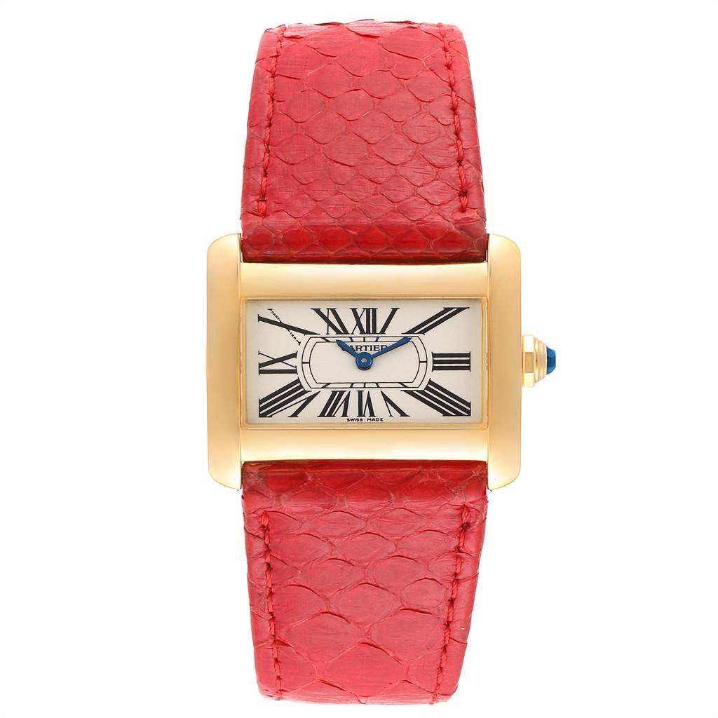 This image shows a Cartier Tank Divan W6300356 Women's Yellow Gold Silver Dial W6300356 Women's Yellow Gold Silver Dial watch from a front angle, featuring a red strap and a rectangular face with Roman numerals.