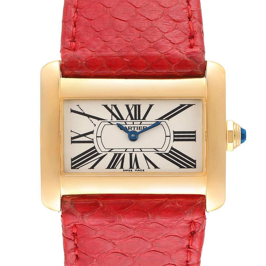 The image shows a close-up front view of the Cartier Tank Divan W6300356 Women's Yellow Gold Silver Dial W6300356 Women's Yellow Gold Silver Dial watch with a red leather strap and rectangular face.