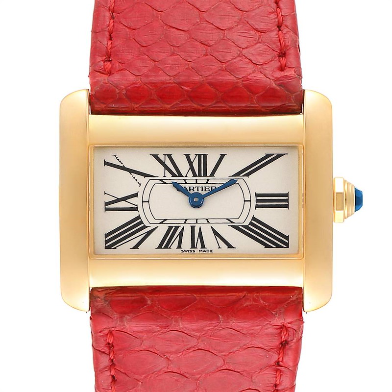 Cartier Tank Divan Yellow Gold Red Strap Ladies Watch W6300356 SwissWatchExpo