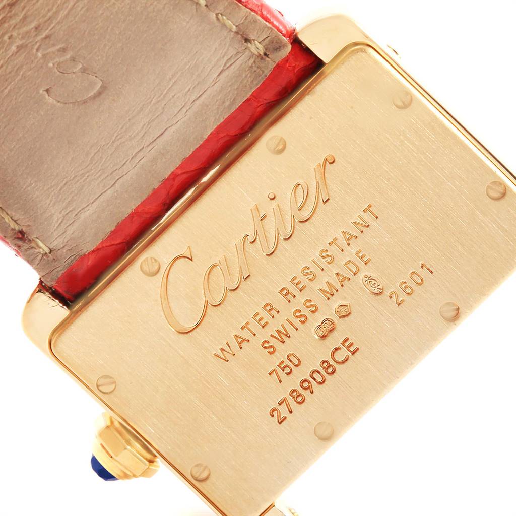 The image shows the back and part of the strap of a Cartier Tank Divan W6300356 Women's Yellow Gold Silver Dial W6300356 Women's Yellow Gold Silver Dial watch at an upward angle.