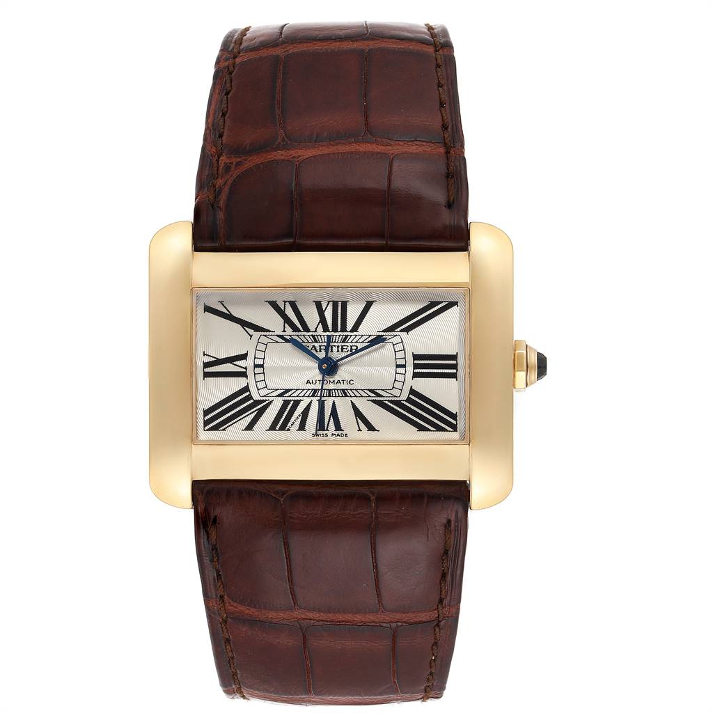 The image shows a Cartier Tank Divan W6300856‏ Women's Yellow Gold Silver Dial W6300856‏ Women's Yellow Gold Silver Dial watch viewed from the front, displaying its rectangular dial, Roman numerals, and leather strap.