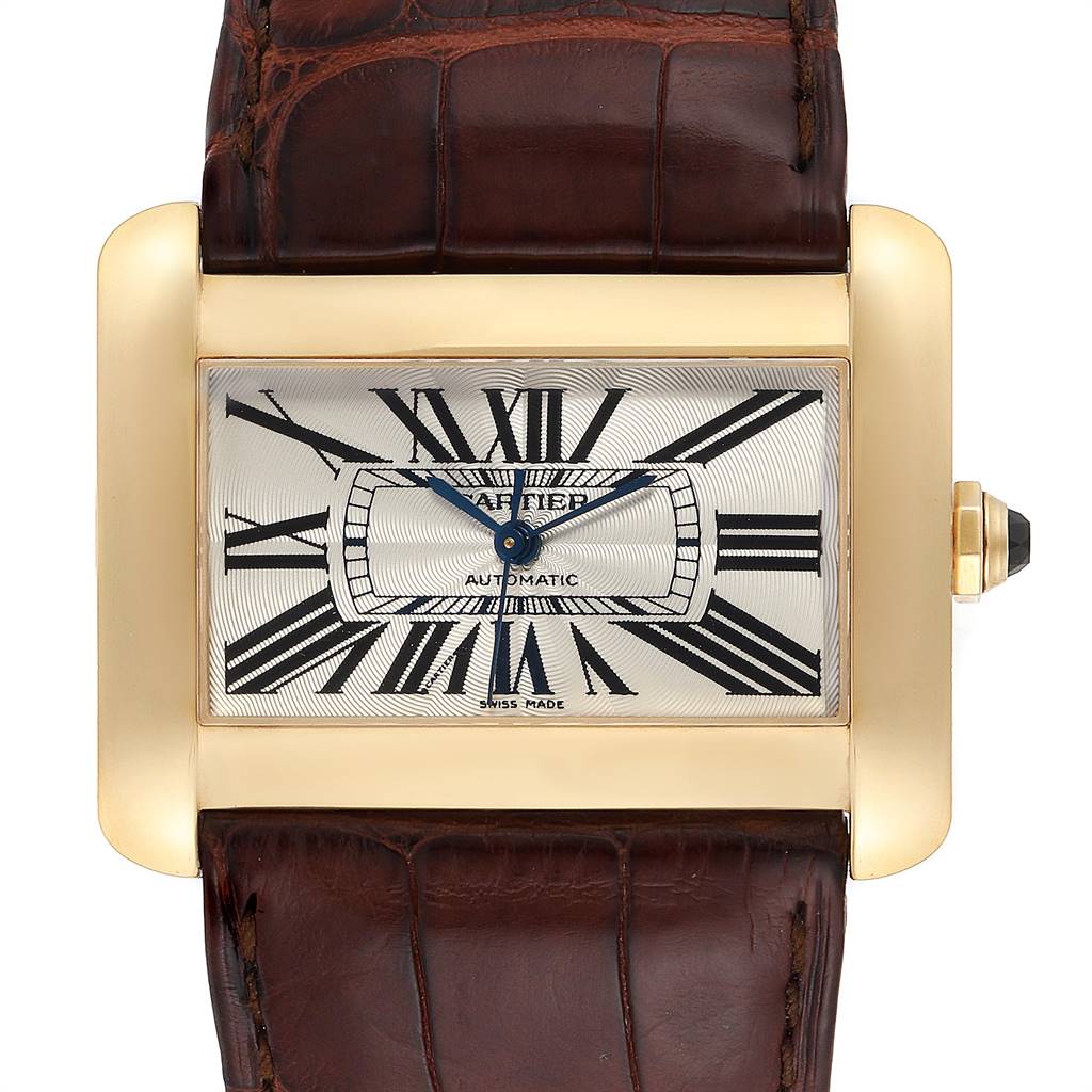 The image shows a close-up front view of a Cartier Tank Divan W6300856‏ Women's Yellow Gold Silver Dial W6300856‏ Women's Yellow Gold Silver Dial watch, highlighting the rectangular face and leather strap.