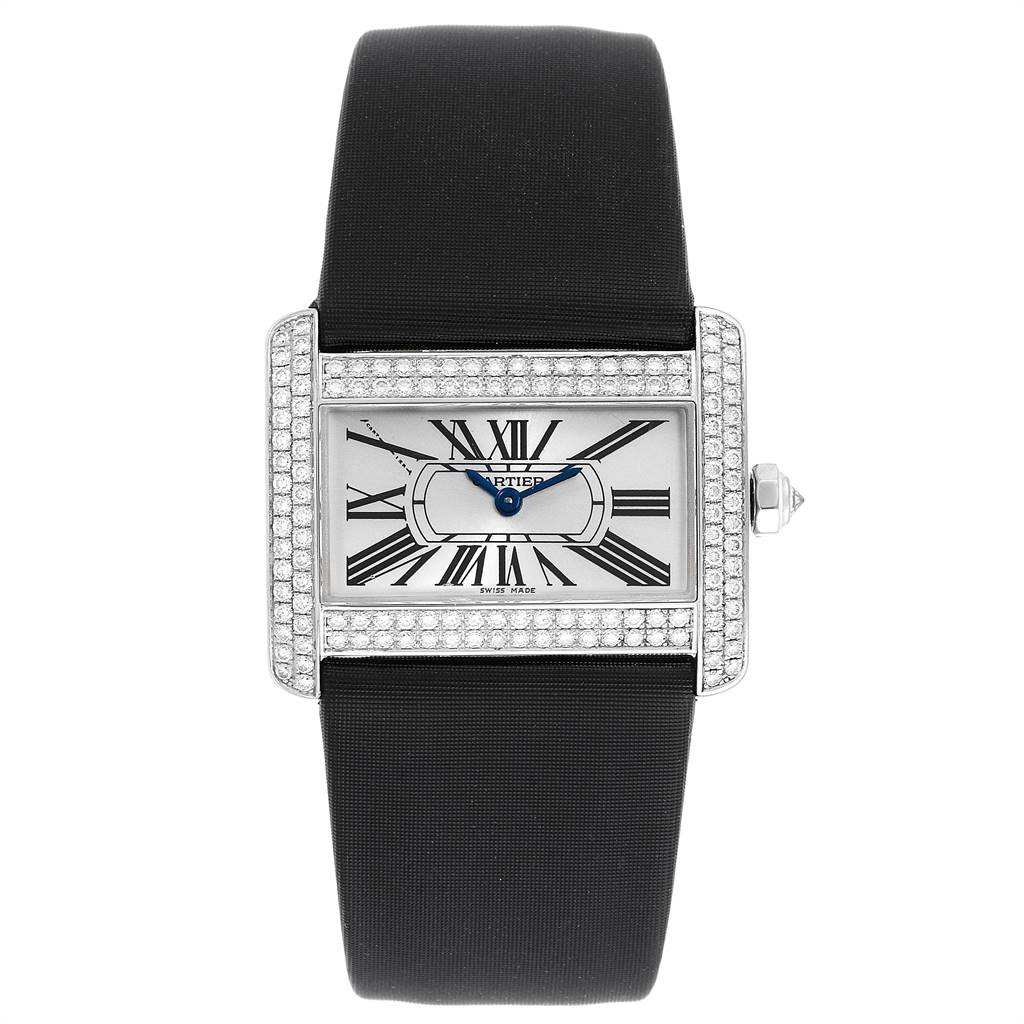 The Cartier Tank Divan WA301271 Women's White Gold Silver Dial WA301271 Women's White Gold Silver Dial watch is shown from the front, displaying its face, bezel with diamonds, and black strap.