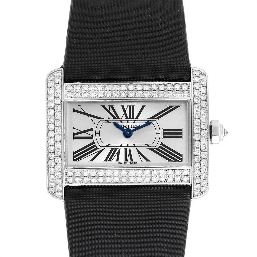 This is a top-down view of a Cartier Tank Divan WA301271 Women's White Gold Silver Dial WA301271 Women's White Gold Silver Dial watch, showcasing its rectangular face, roman numerals, diamond bezel, and black strap.
