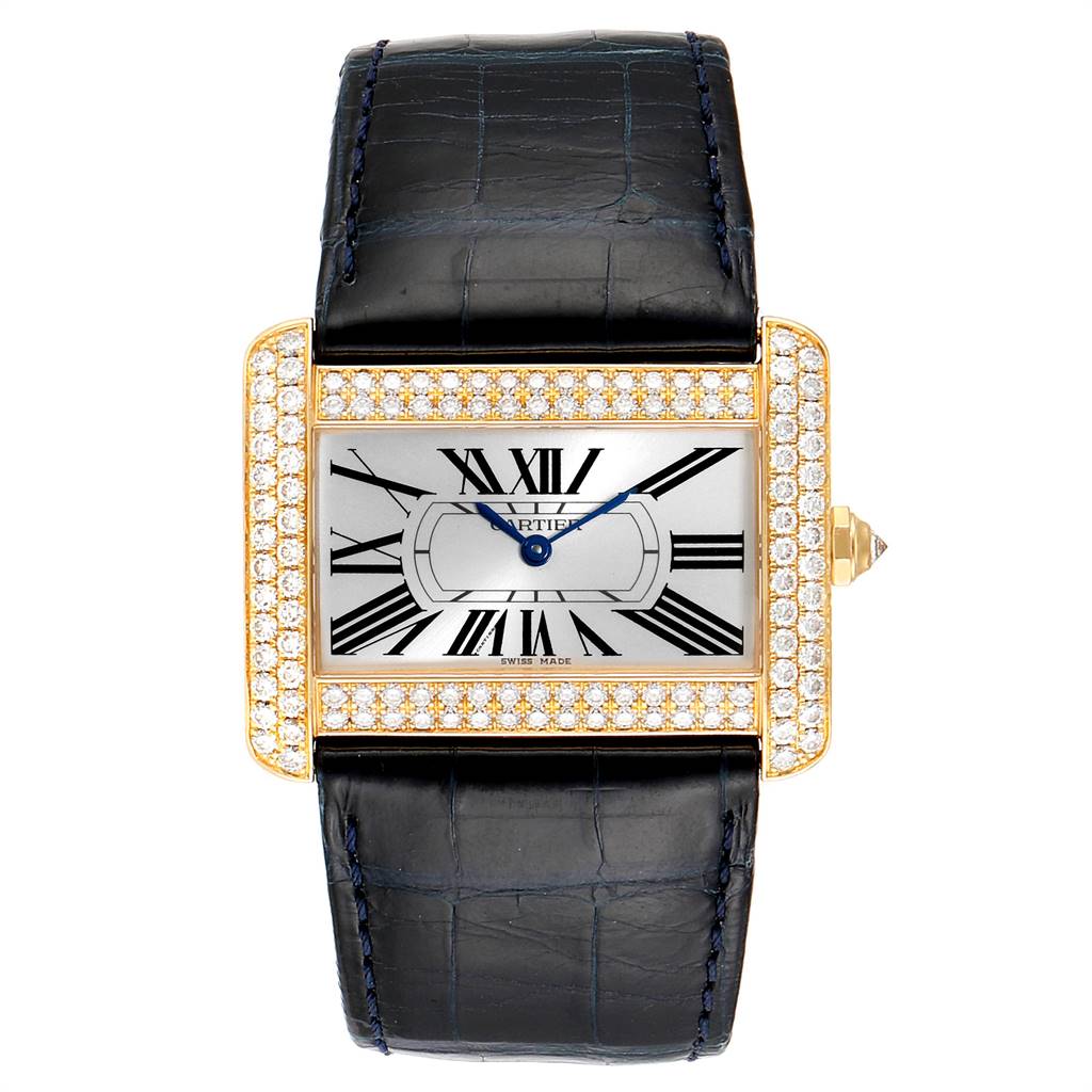 The image shows a frontal view of a Cartier Tank Divan WA301170‏ Women's Yellow Gold Silver Dial WA301170‏ Women's Yellow Gold Silver Dial watch with a black leather strap and a diamond-encrusted rectangular dial.