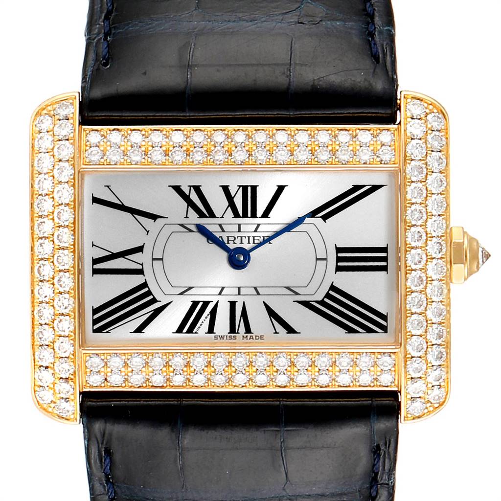 The image shows a Cartier Tank Divan WA301170‏ Women's Yellow Gold Silver Dial WA301170‏ Women's Yellow Gold Silver Dial watch from a front angle, highlighting the diamond-encrusted bezel and black leather strap.