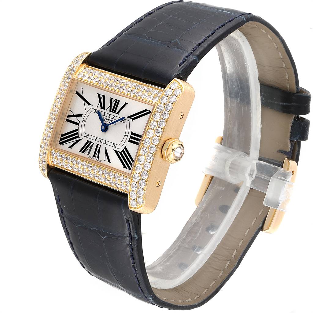 The image shows a Cartier Tank Divan WA301170‏ Women's Yellow Gold Silver Dial WA301170‏ Women's Yellow Gold Silver Dial watch at a slight angle, focusing on the diamond-studded bezel, dial, and leather strap.