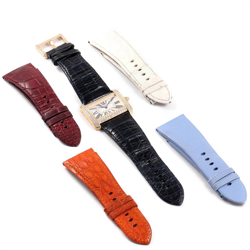 The image shows a Cartier Tank Divan WA301170‏ Women's Yellow Gold Silver Dial WA301170‏ Women's Yellow Gold Silver Dial watch with various interchangeable straps from a top-down view.