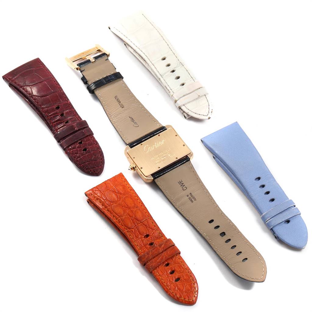 The image shows the back of a Cartier Tank Divan WA301170‏ Women's Yellow Gold Silver Dial WA301170‏ Women's Yellow Gold Silver Dial watch with various interchangeable straps in different colors and materials.