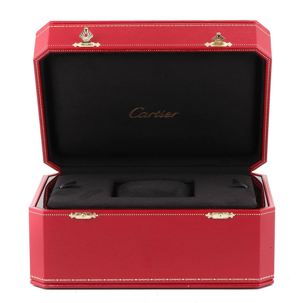 The image shows an open red Cartier watch box for the Tank Divan model, displaying the inner compartment.