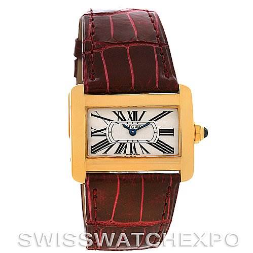 This image shows a front view of the Cartier Tank Divan W6300356 Women's Yellow Gold White Dial W6300356 Women's Yellow Gold White Dial watch with a rectangular gold bezel and a leather strap.