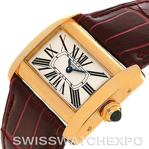The image shows a Cartier Tank Divan W6300356 Women's Yellow Gold White Dial W6300356 Women's Yellow Gold White Dial watch, highlighting its rectangular gold case, white dial with Roman numerals, and brown leather strap.