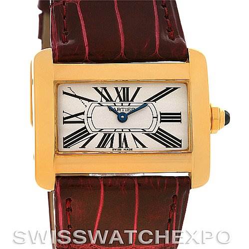 The image shows a frontal view of the Cartier Tank Divan W6300356 Women's Yellow Gold White Dial W6300356 Women's Yellow Gold White Dial model watch with a gold case, leather strap, and Roman numeral dial.