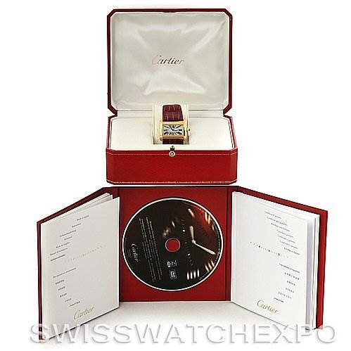 The image shows a Cartier Tank Divan W6300356 Women's Yellow Gold White Dial W6300356 Women's Yellow Gold White Dial watch in its open red box with accompanying documents and a CD.