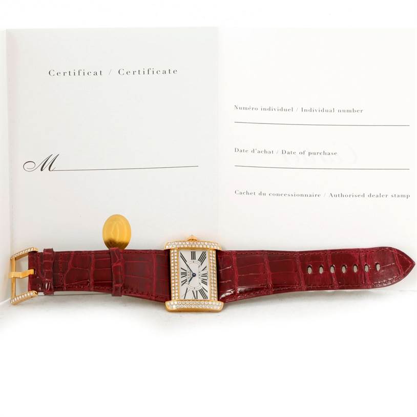 Flat lay showing the Cartier Tank Divan WA301170? Men's Yellow Gold Silver Dial WA301170? Men's Yellow Gold Silver Dial watch with a red leather strap and certificate booklet behind it.