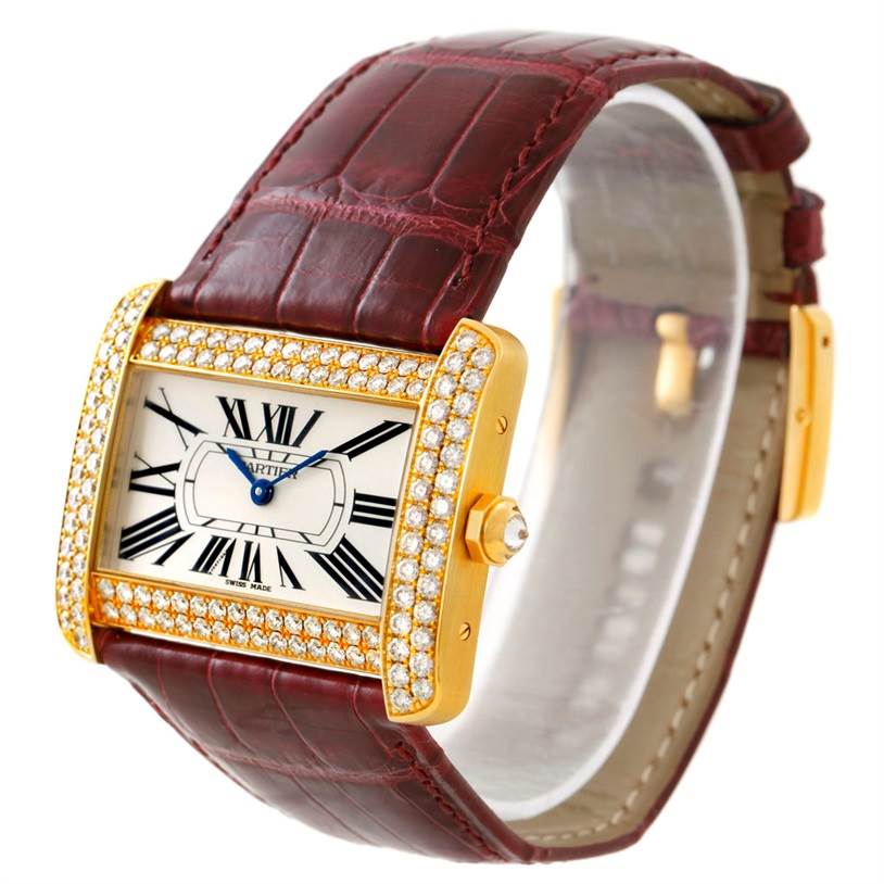 The image shows a Cartier Tank Divan WA301170? Men's Yellow Gold Silver Dial WA301170? Men's Yellow Gold Silver Dial watch at a three-quarter angle, highlighting the bezel, dial, crown, and leather strap.