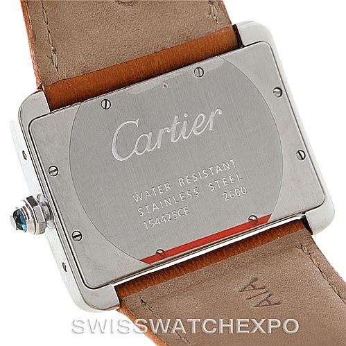 The image shows the back case of a Cartier Tank Divan W6300655 Men's Stainless Steel Silver Dial W6300655 Men's Stainless Steel Silver Dial watch, displaying details like water resistance and material composition.