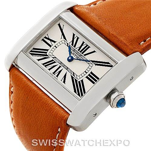This image shows the face, crown, and leather strap of a Cartier Tank Divan W6300655 Men's Stainless Steel Silver Dial W6300655 Men's Stainless Steel Silver Dial watch at an angled close-up view.