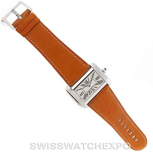 The image shows a Cartier Tank Divan W6300655 Men's Stainless Steel Silver Dial W6300655 Men's Stainless Steel Silver Dial watch from a top-down angle, highlighting the face, bezel, and brown leather strap.