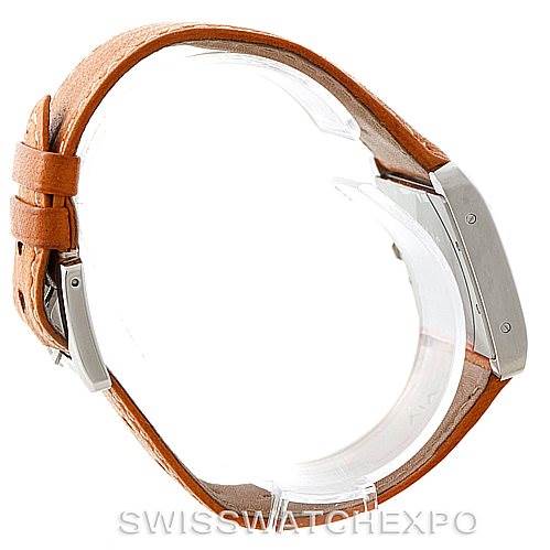 The image shows a Cartier Tank Divan W6300655 Men's Stainless Steel Silver Dial W6300655 Men's Stainless Steel Silver Dial watch from a side profile, highlighting its leather strap and case. 